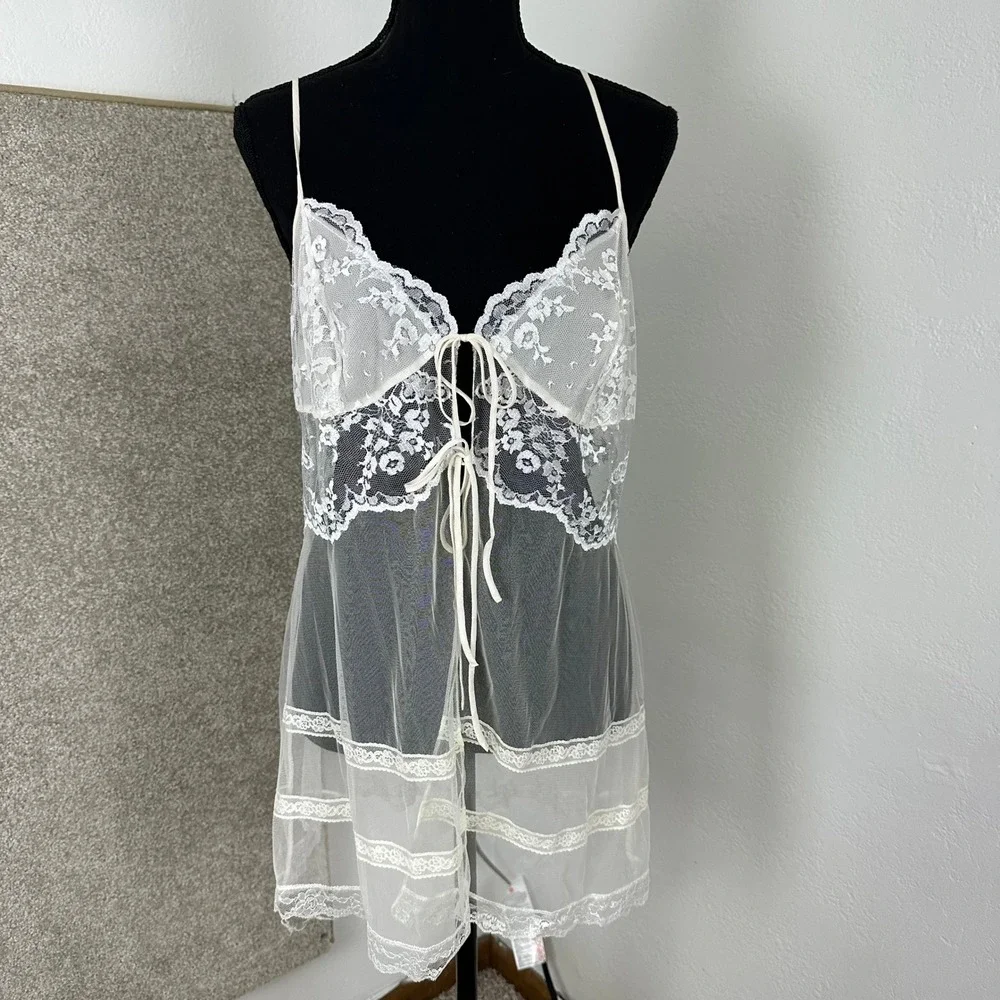Victorias Secret Ivory Lace Sheer Mesh Babydoll Chemise Lingerie White Large
